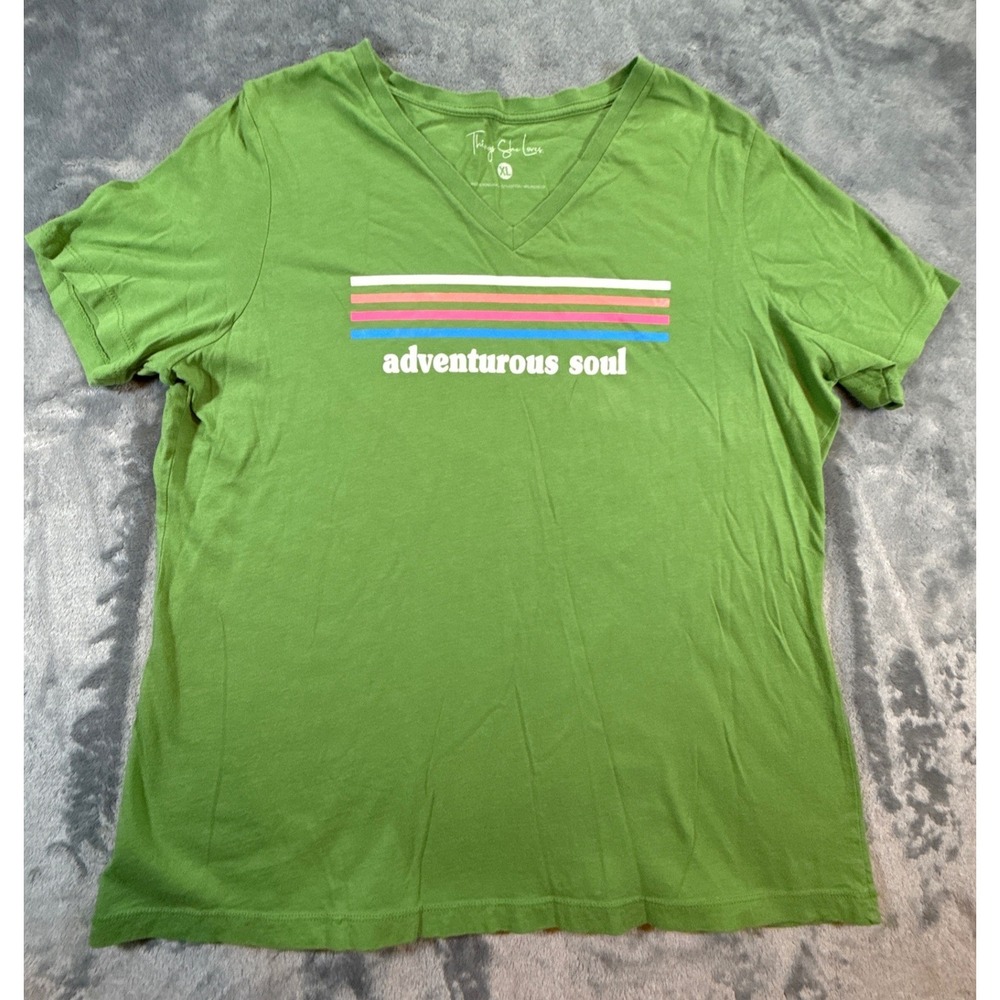 Things She Loves Adventurous Soul Graphic V-Neck T-Shirt Green XL Short Sleeve